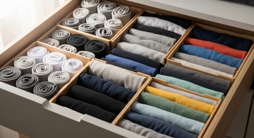 The Ultimate Closet Organization Guide (Every Type, Every Size) 8 Open drawer with wooden dividers neatly separating socks, underwear, and folded t-shirt sections.