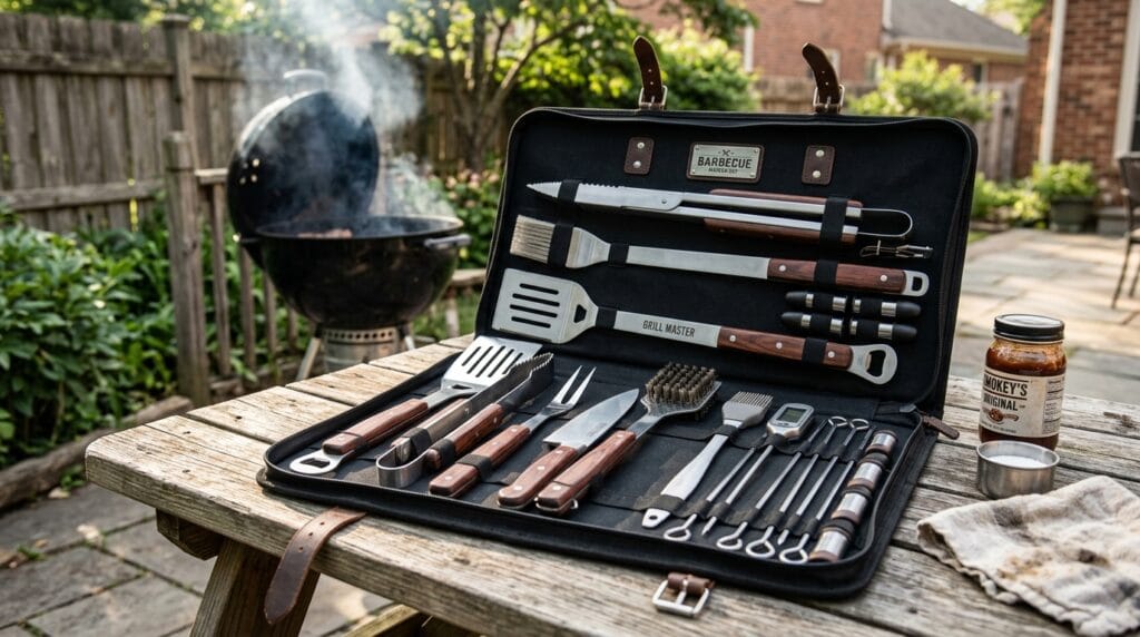 Father's Day Gift Baskets That Feel Incredibly Personal and Curated 4 Grill tool set with tongs and spatula inside a rustic wooden crate.