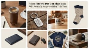 Father’s Day gift collage showing practical items in warm lifestyle flat lay.