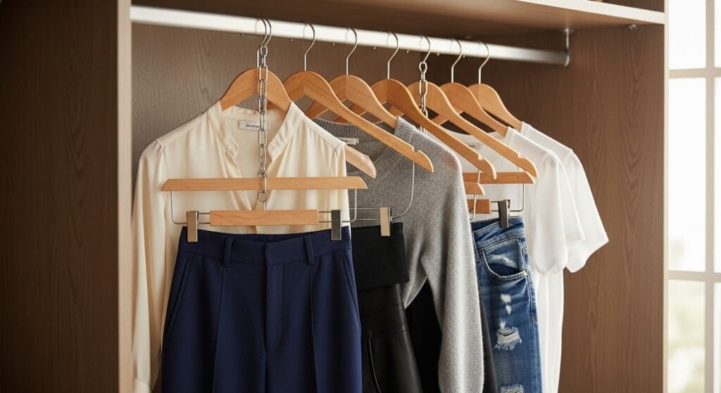 The Ultimate Closet Organization Guide (Every Type, Every Size) 18 Cascading hanger hooks on a closet rod vertically linking several hangers with coordinated outfits.