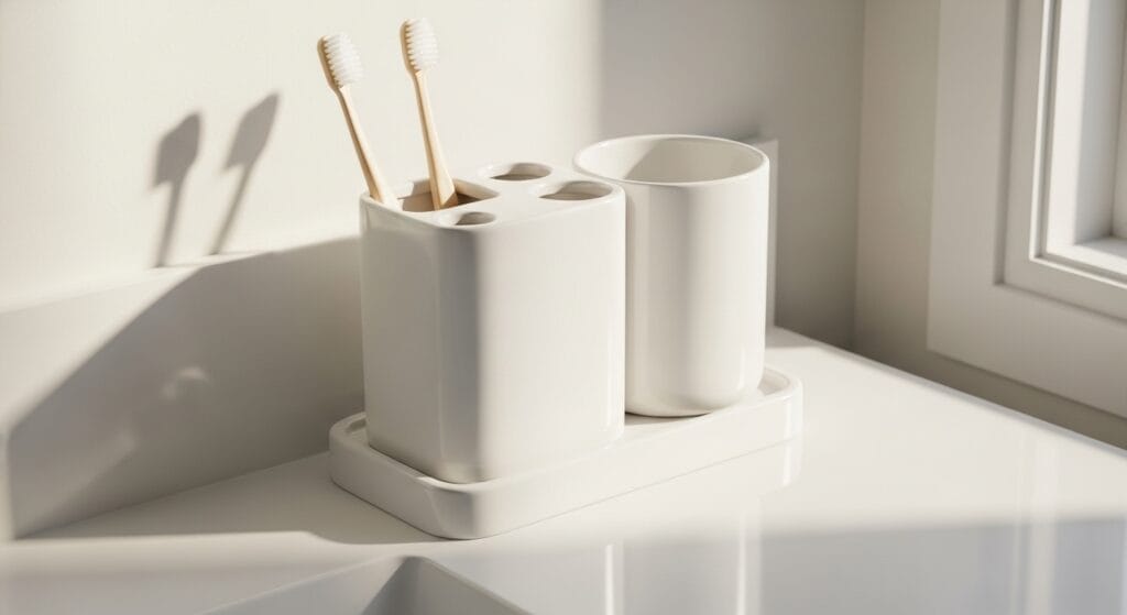 11 Bathroom Counter Organization Ideas (Products That Fit) 8 Ceramic countertop toothbrush holder with cup compartment on a clean white bathroom counter.