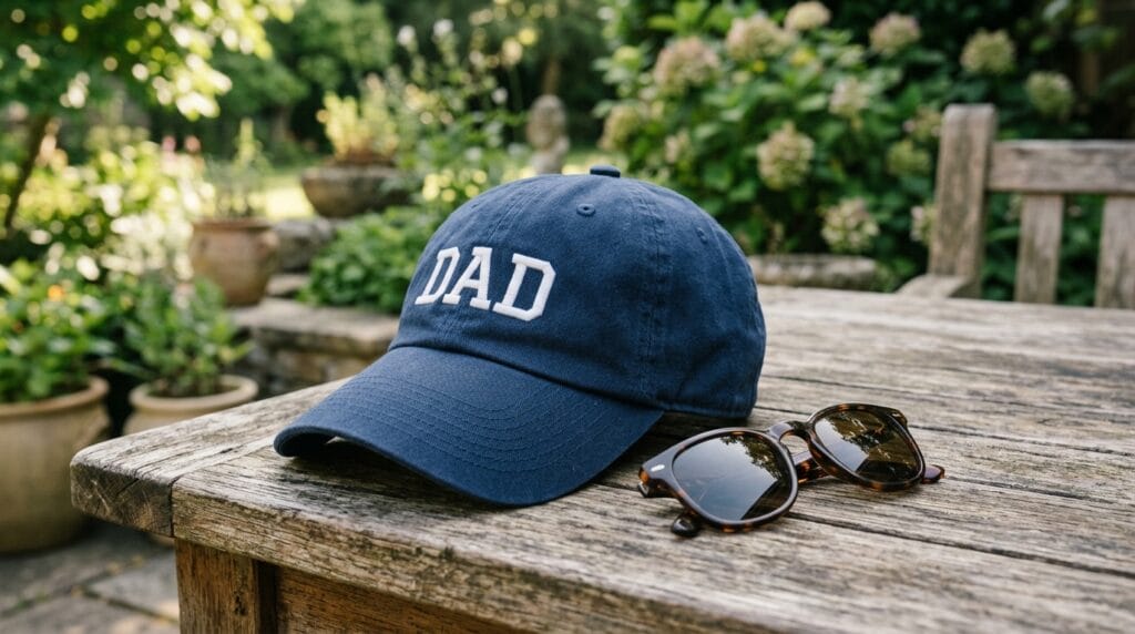 Classic embroidered dad hat on wooden outdoor table beside a pair of sunglasses