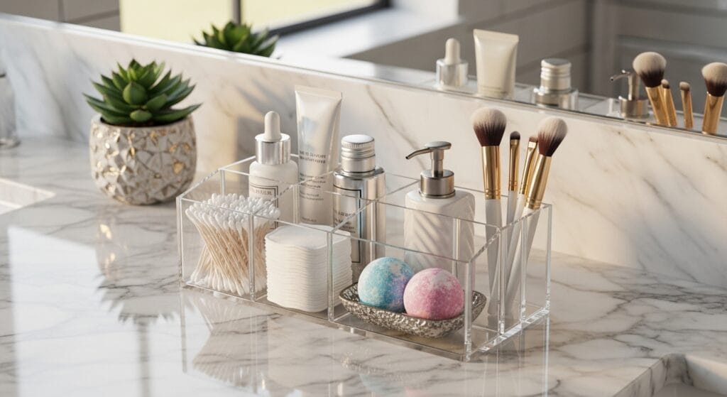 11 Bathroom Counter Organization Ideas (Products That Fit) 3 Clear acrylic compartment organizer holding small bathroom items on a marble counter.