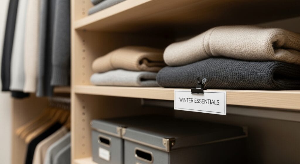 The Ultimate Closet Organization Guide (Every Type, Every Size) 21 Closet shelf with label-maker tags on fabric bins and clear storage containers organized by category.