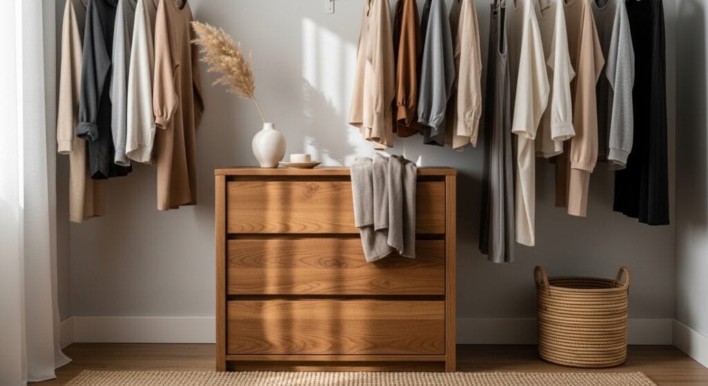 The Ultimate Closet Organization Guide (Every Type, Every Size) 20 Small wood drawer unit on a walk-in closet floor positioned under hanging garments for storage.