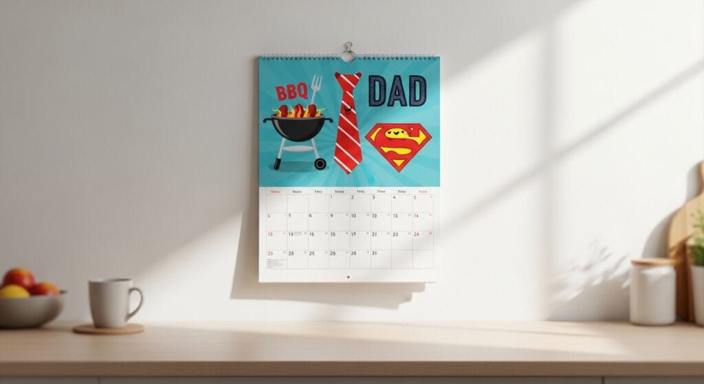 Dad-themed wall calendar hanging in a bright kitchen above a countertop surface
