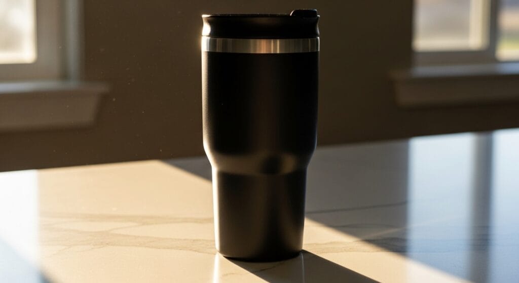 Dark insulated travel tumbler sitting on a kitchen counter in morning light
