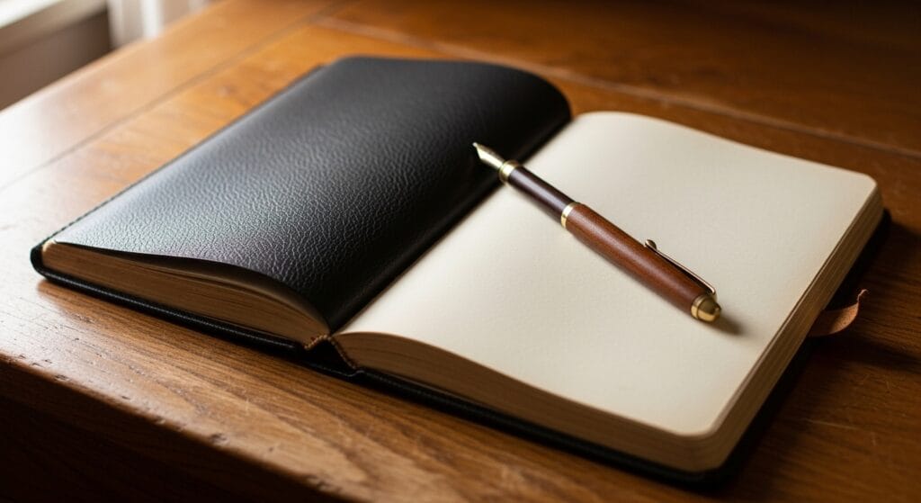Dark leather-bound journal open on a wooden desk with a pen across pages