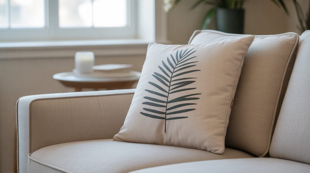 Decorative throw pillow with simple printed design resting on neutral-toned couch in natural light