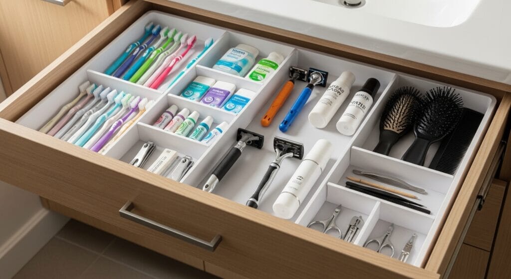11 Bathroom Counter Organization Ideas (Products That Fit) 5 Open bathroom drawer with white insert organizer neatly holding grooming tools by category.