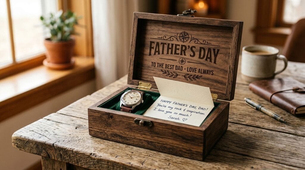 Open engraved wooden keepsake box on rustic table with small watch and folded note