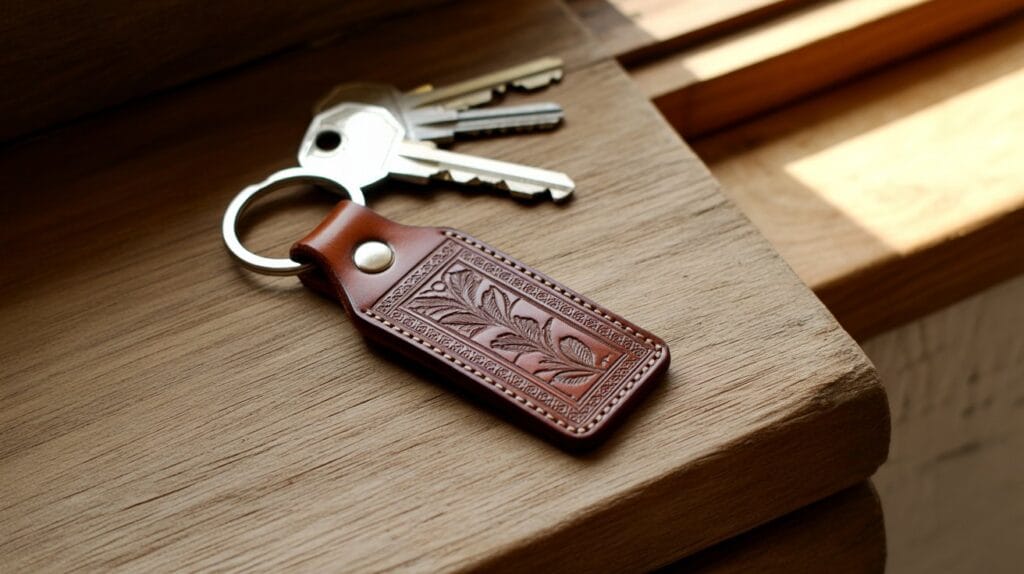 Engraved leather keychain resting on wooden surface beside a set of house keys