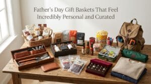 A flat lay of fifteen diverse Father's Day gift baskets on warm wood.