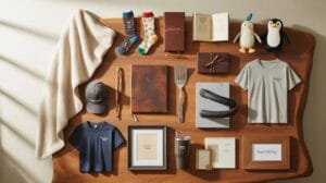 Flat-lay of 17 Father's Day gifts arranged on a natural wood surface