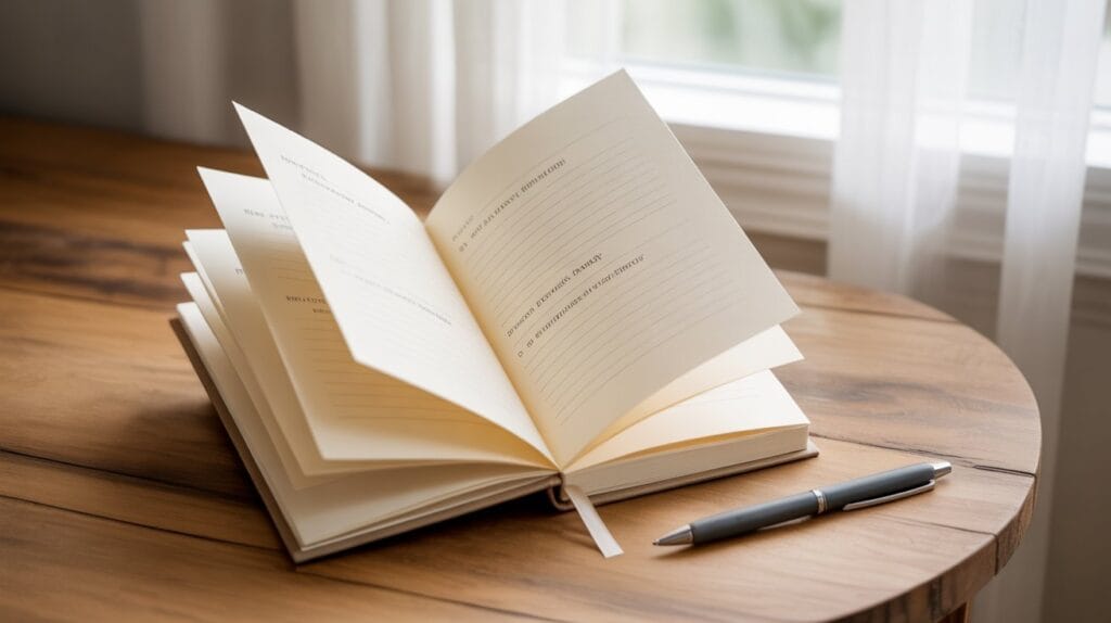 Open fill-in memory book resting on a wooden table beside a writing pen