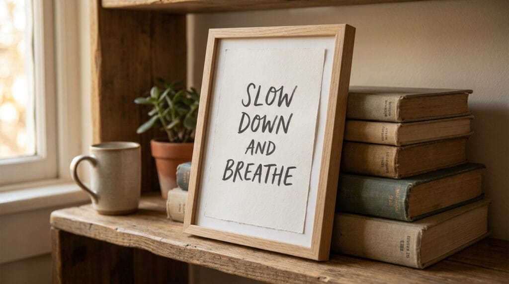 Framed quote art print displayed on a wooden shelf next to stacked books