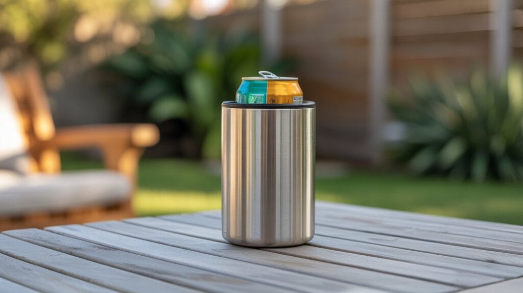 Insulated stainless steel can cooler holding a beverage can on a wooden outdoor patio table 