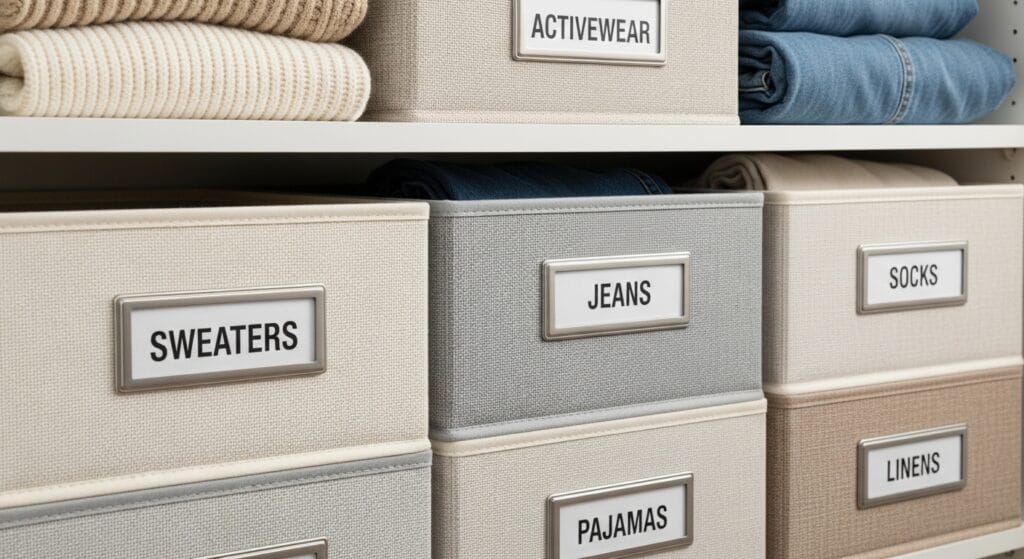 The Ultimate Closet Organization Guide (Every Type, Every Size) 9 Row of neutral fabric bins with label holders on a closet shelf storing seasonal accessories.