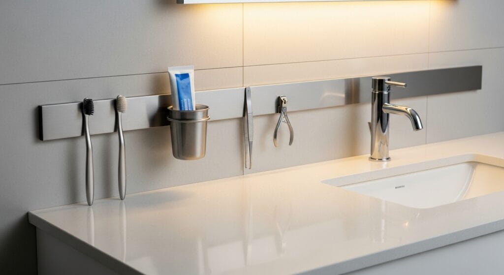 11 Bathroom Counter Organization Ideas (Products That Fit) 6 Magnetic wall strip above bathroom counter holding metal grooming tools near a mirror.