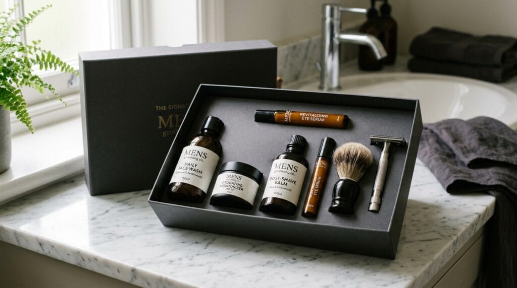 Father's Day Gift Baskets That Feel Incredibly Personal and Curated 3 Men's grooming skincare set displayed neatly inside an open dark gift box.
