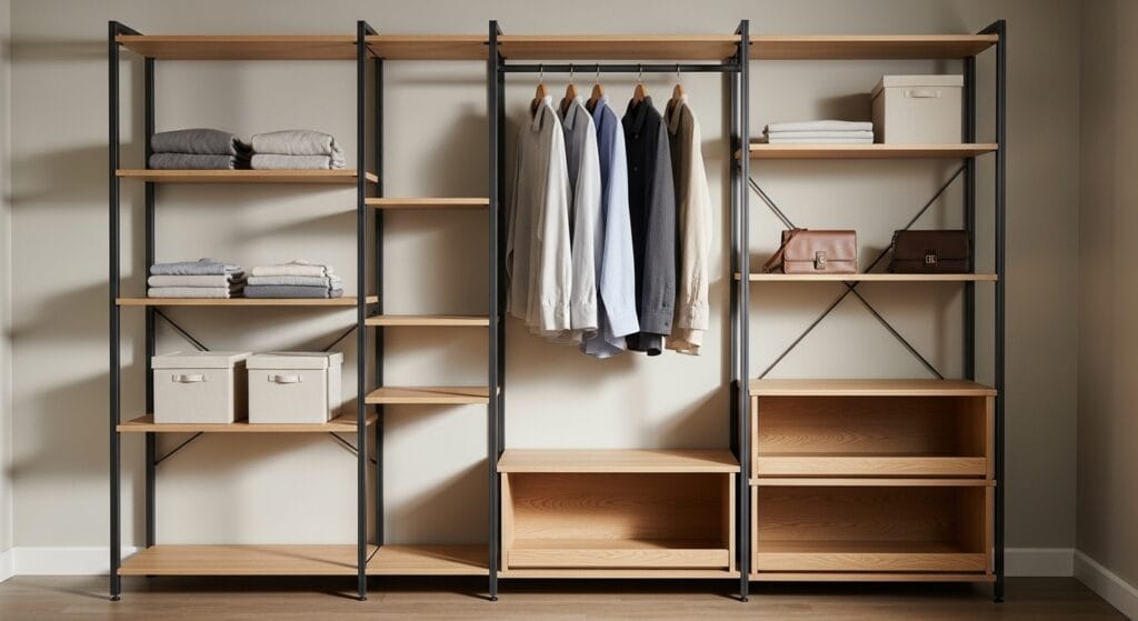 The Ultimate Closet Organization Guide (Every Type, Every Size) 10 Modular freestanding shelving inside a walk-in closet holding folded clothes and storage bins.