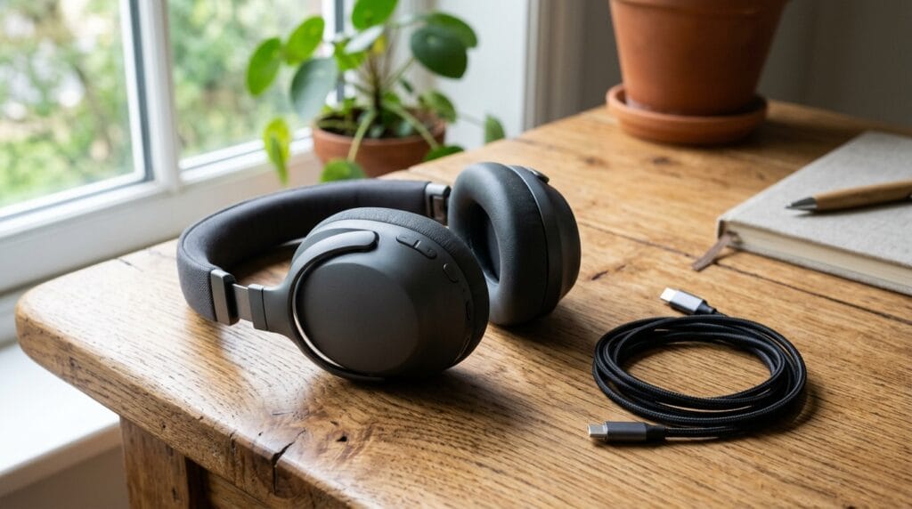 Over-ear wireless headphones resting on wooden desk beside charging cable in soft window light