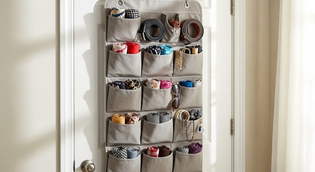 The Ultimate Closet Organization Guide (Every Type, Every Size) 7 Canvas over-door organizer with filled pockets holding scarves, belts, and small folded accessories.