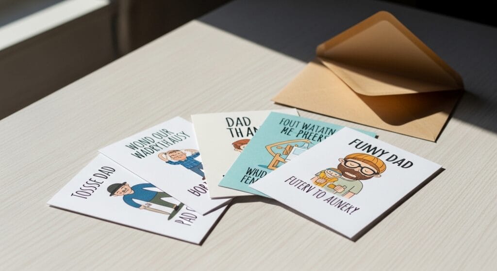 Pack of greeting cards fanned out on a table with an open envelope