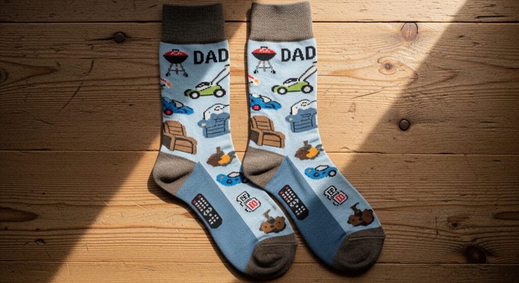 Pair of colorful novelty socks laid flat on a light wooden surface