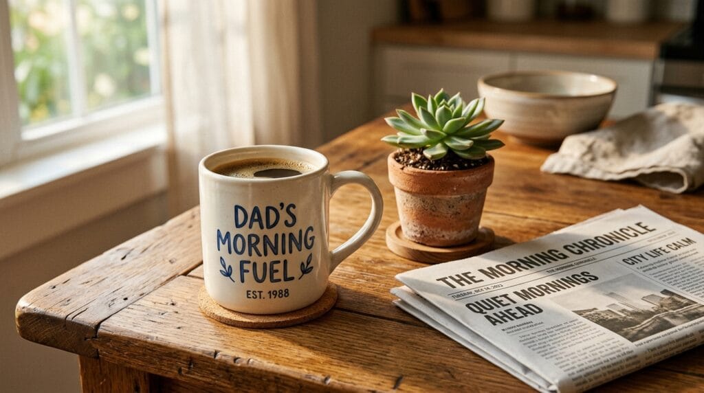 Personalized ceramic coffee mug on wooden breakfast table beside small plant and folded newspaper