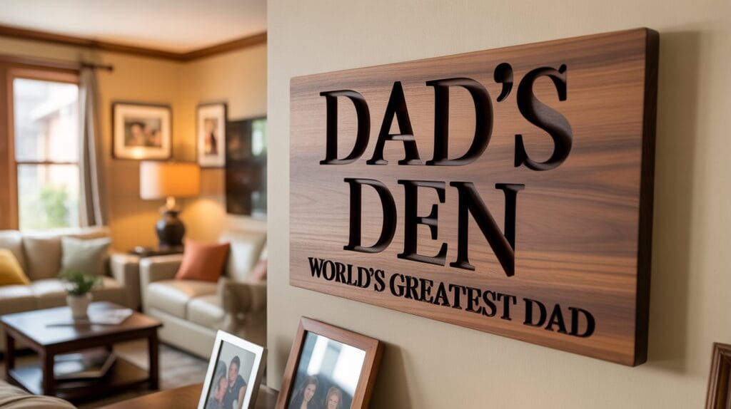 Personalized wooden wall sign mounted on a light interior wall in a warm home
