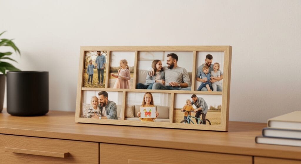 Personalized multi-photo frame displayed on a wooden sideboard in a warmly lit room