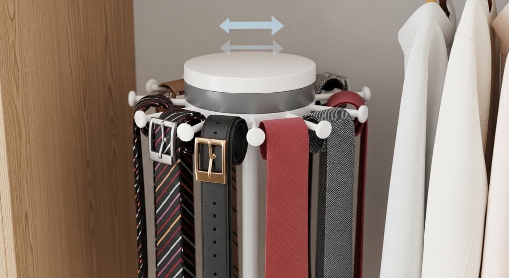 The Ultimate Closet Organization Guide (Every Type, Every Size) 13 Wall-mounted rotating rack inside a closet holding neatly arranged belts and patterned neckties.