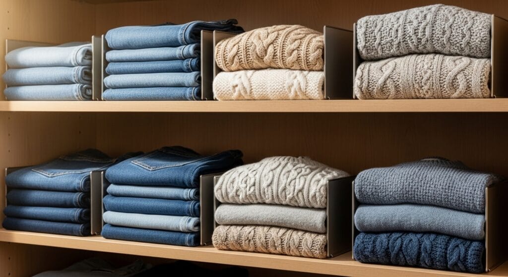 The Ultimate Closet Organization Guide (Every Type, Every Size) 4 Closet shelves with metal dividers keeping folded sweaters separated in tidy vertical stacks.