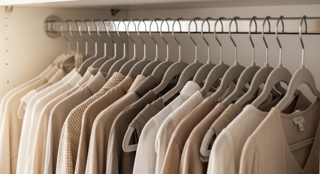 The Ultimate Closet Organization Guide (Every Type, Every Size) 3 Closet rod lined with slim velvet hangers holding neatly arranged shirts and blouses.