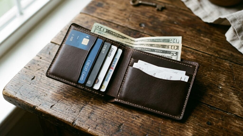 Slim open leather bifold wallet on dark wooden surface showing organized card slots