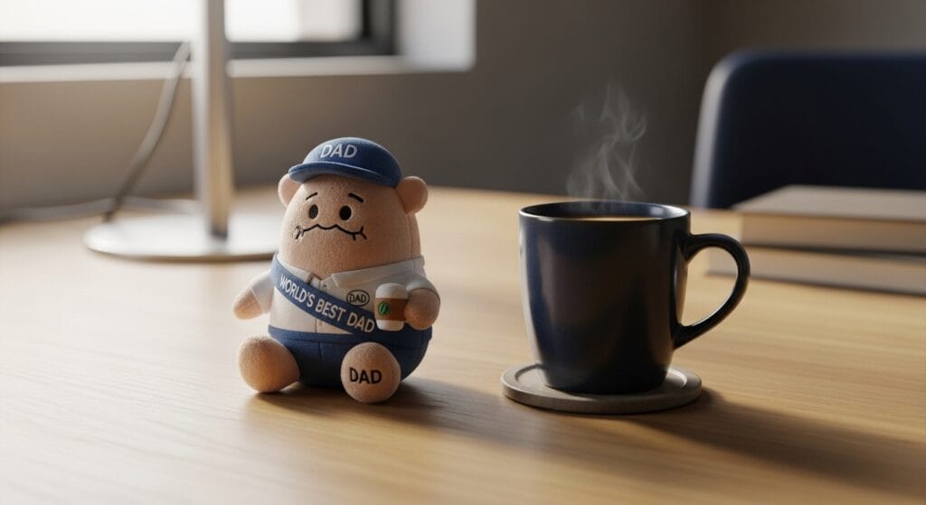 Small character plush toy sitting on an office desk beside a mug