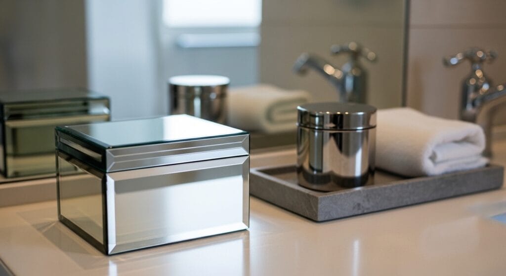 11 Bathroom Counter Organization Ideas (Products That Fit) 10 Small mirrored lidded storage box on a bathroom counter beside a tray and canister.