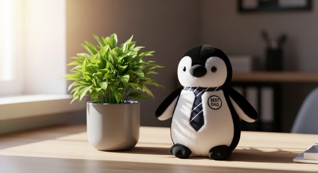 Small penguin stuffed animal resting on a home office desk near a plant