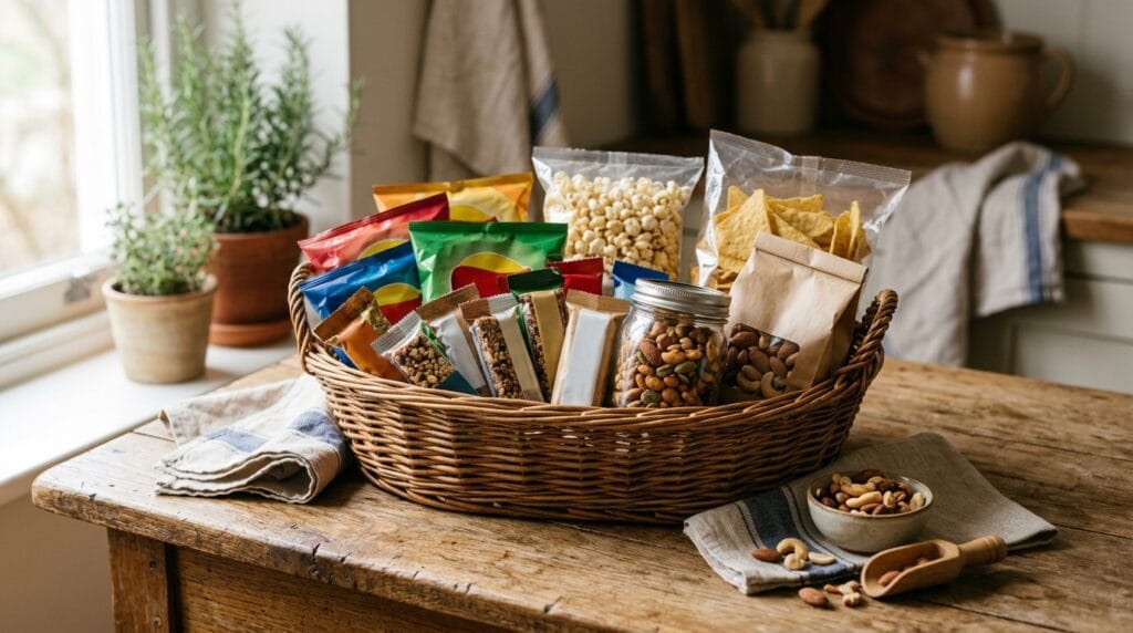 Father's Day Gift Baskets That Feel Incredibly Personal and Curated 2 Wicker basket filled with assorted savory snack bags on wooden surface.