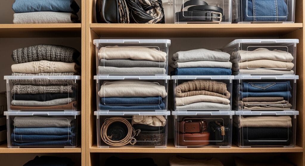 The Ultimate Closet Organization Guide (Every Type, Every Size) 5 Clear stackable bins on closet shelves holding folded accessories, scarves, and seasonal clothing items.