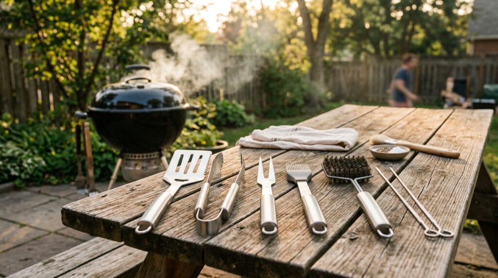 Stainless steel BBQ grilling tool set arranged on a wooden picnic table outdoors