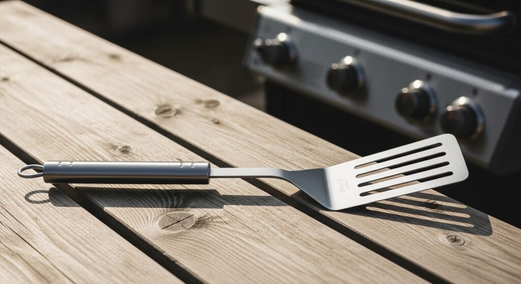 Stainless steel grilling spatula resting on a wooden picnic table near an outdoor grill