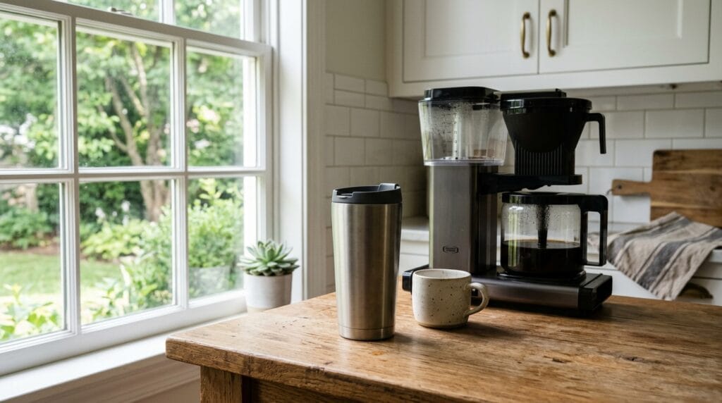 Stainless steel insulated tumbler on wooden kitchen counter beside a coffee maker in daylight