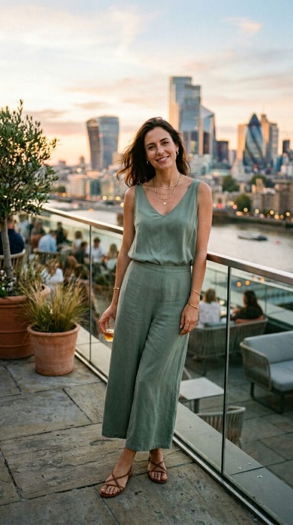15 Cute Casual Summer Outfits That Make Getting Dressed Easy 10 Woman in Tencel draped tank and wide culottes on a rooftop at golden hour