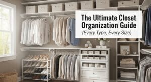 Bright walk-in closet featuring hanging rods, labeled bins, shoe racks, and folded shelves.