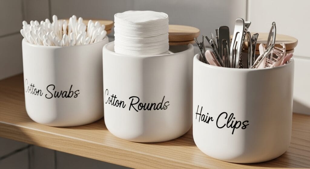 11 Bathroom Counter Organization Ideas (Products That Fit) 4 Three labeled ceramic canisters holding cotton swabs and pins on a bathroom shelf.