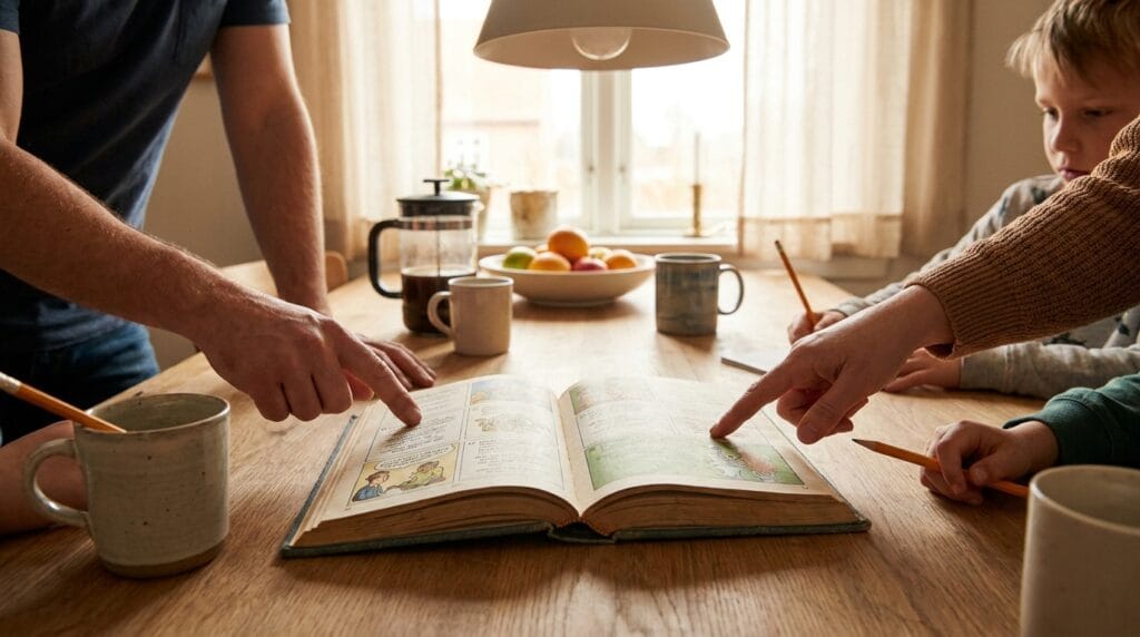 Trivia game book open flat on a kitchen table during family game time