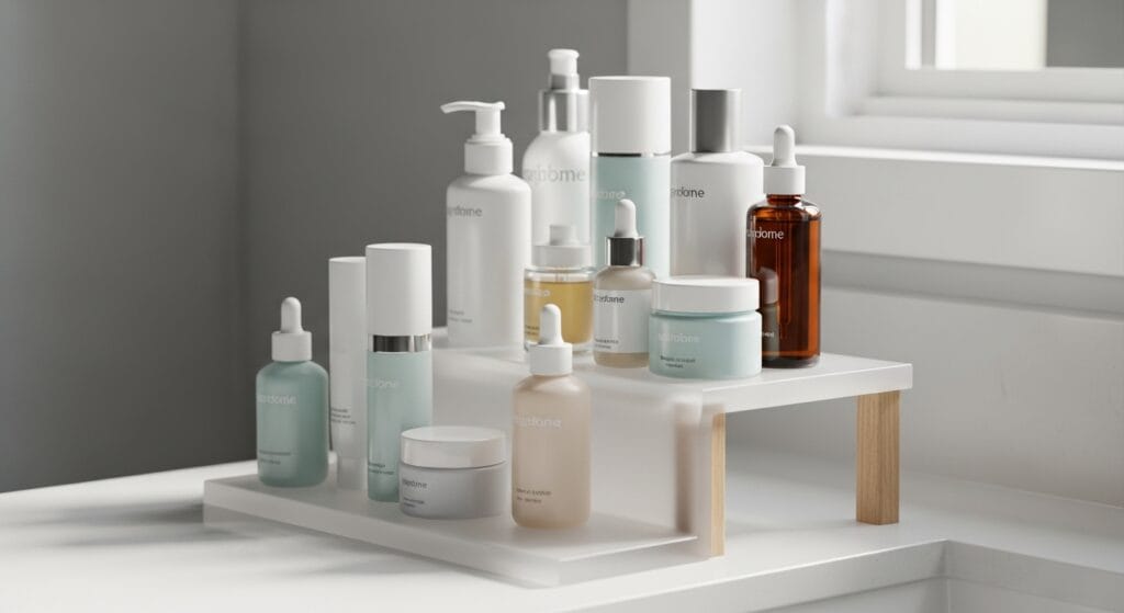 11 Bathroom Counter Organization Ideas (Products That Fit) 2 Two-tiered white riser holding skincare bottles on a clean bathroom counter surface.