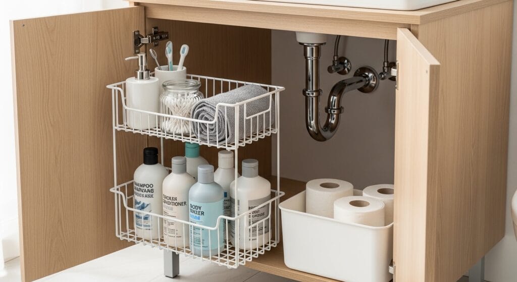 11 Bathroom Counter Organization Ideas (Products That Fit) 9 Open under-sink cabinet with a white pull-out wire basket holding bathroom products.